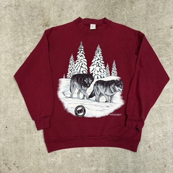 Vintage Burgundy Wolf Nature Crewneck Sweatshirt Comfy Cottage Medium - Picture 1 of 4